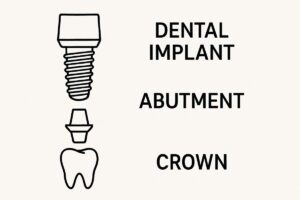 A diagram showcasing various types of dental implants, such as endosteal, subperiosteal, mini, and zygomatic implants, each pointing to different areas of a mouth x-ray. No text on image.