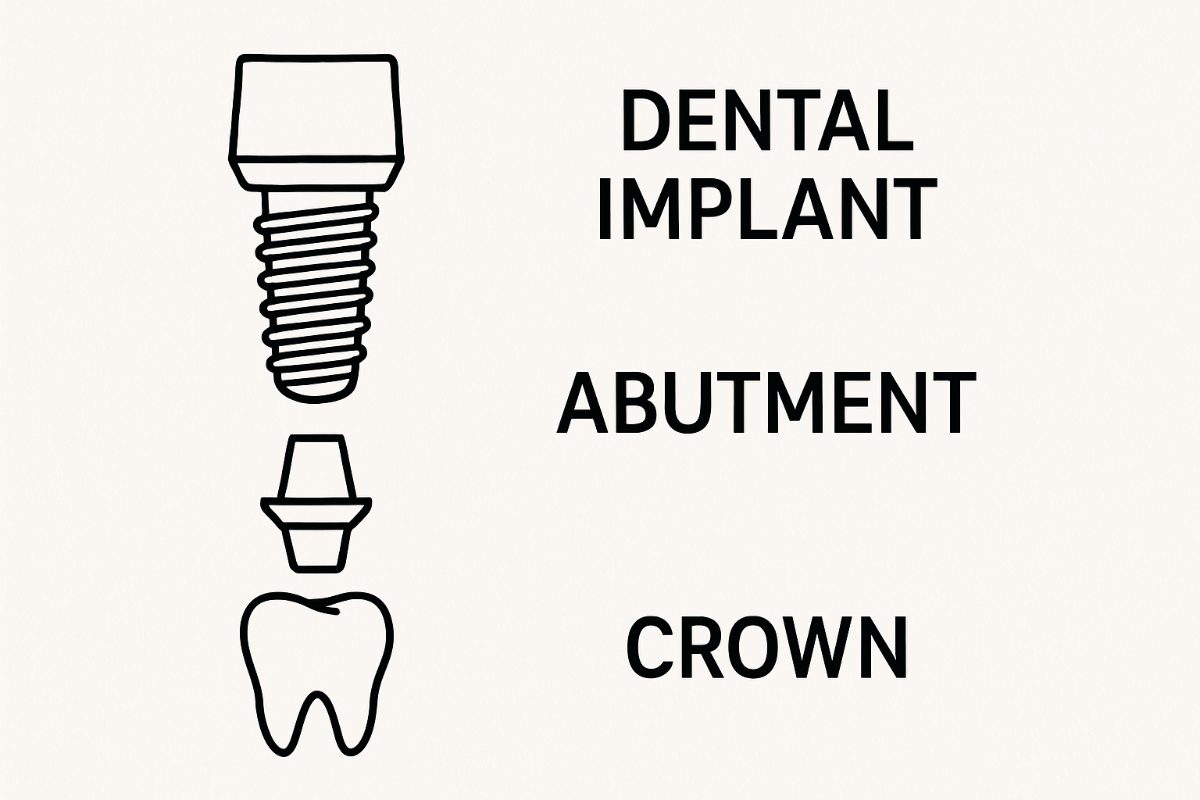 A diagram showcasing various types of dental implants, such as endosteal, subperiosteal, mini, and zygomatic implants, each pointing to different areas of a mouth x-ray. No text on image.