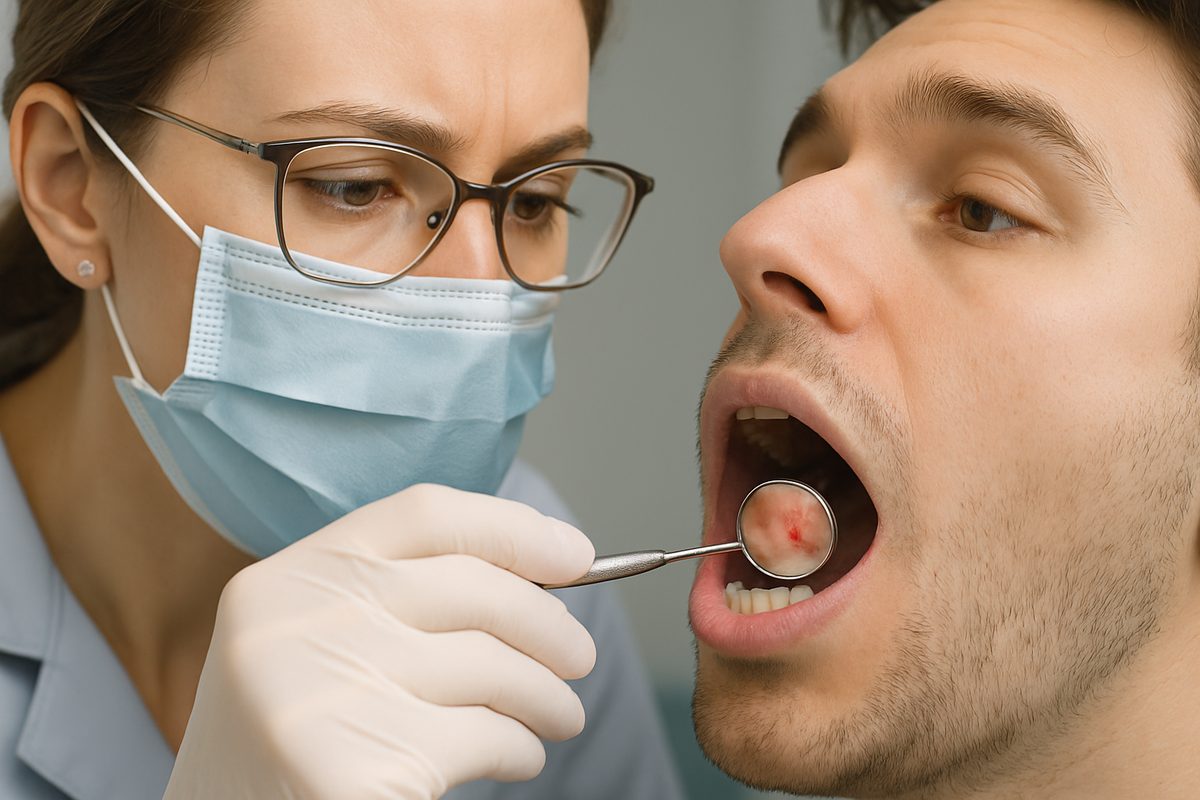 Close-up image of a dentist carefully examining a patient's inner cheek with a dental mirror, highlighting a small laceration. No text on image.