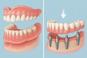 An image contrasting traditional dentures versus dental implants, highlighting the stability and natural feel of implants. No text on the image.