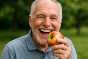 Photo of a smiling senior man who has had full mouth dental implants, confidently eating an apple. No text on image.