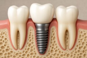 Image depicting the 5 steps of the tooth implant process: Consultation, Imaging, Implant Placement, Healing, and Abutment & Restoration.