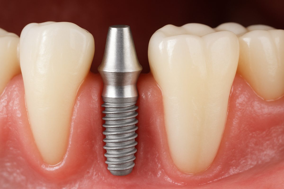 Photo of a modern dental office with advanced technology. There should be a friendly dentist consulting with a patient about tooth implant options, pointing to a 3D scan on a monitor. No text on image.