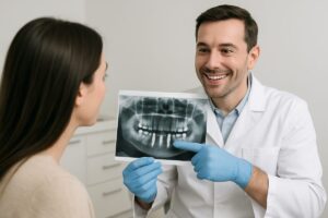 Image of a dentist smiling and pointing to a panoramic x-ray of a patient's mouth with dental implants in place. The dentist is consulting with a patient and explaining the dental implant procedure, highlighting the benefits of choosing the right provider. No text on the image.