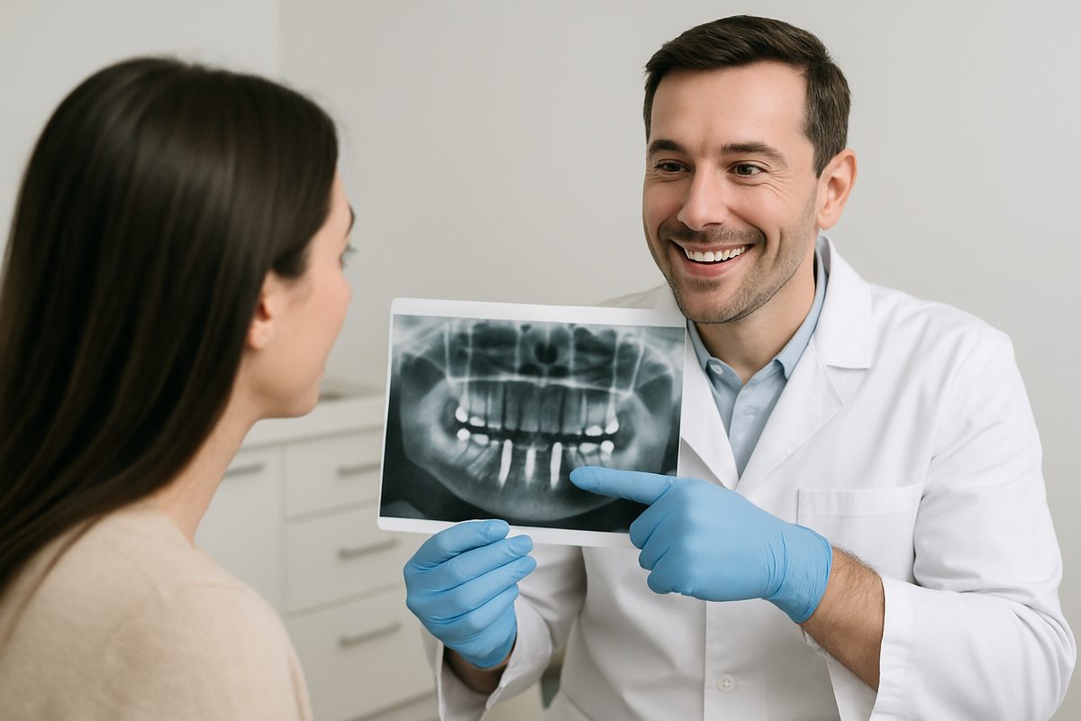 Image of a dentist smiling and pointing to a panoramic x-ray of a patient's mouth with dental implants in place. The dentist is consulting with a patient and explaining the dental implant procedure, highlighting the benefits of choosing the right provider. No text on the image.