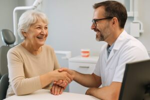 A smiling, senior female patient is shaking hands with a male implant dentist in his office, after a successful consultation. No text on image.