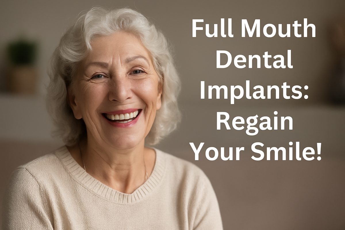 Photo of a smiling senior woman, happy with her new full mouth dental implants. The text overlay reads "Full Mouth Dental Implants: Regain Your Smile!"