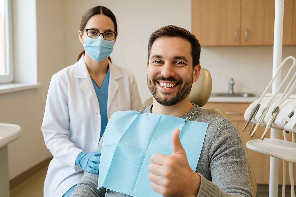 Smiling, happy patient in the dental chair, giving a thumbs up, after receiving care from a dentist in Oregon County, MO, no text on image.