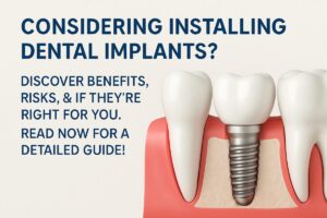 A dentist is carefully installing a dental implant into a patient's jaw, using advanced surgical tools and technology. No text on image.