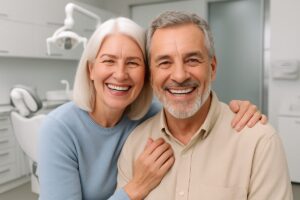 Photo of a smiling senior couple, happy with their new full mouth dental implants. The background is a modern dental office setting. No text on image.