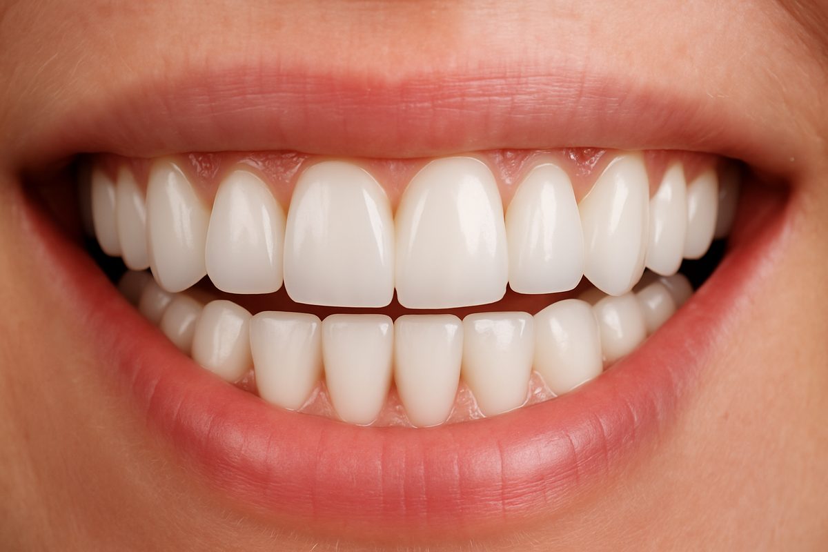 Close up image of natural looking teeth implants on a patient with a focus on the seamless blend with the surrounding teeth and gums. The teeth should be bright and healthy looking. No text on image.