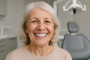 Image of a smiling elderly woman who has just received All-on-4 dental implants, showcasing a full set of new teeth. The background includes a modern dental office setting. No text on image.
